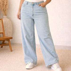 Wrangler Womens Blue Hickory Stripe Heritage Wide Leg Jeans 34 Excellent